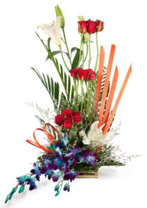 Exotic Floral Arrangement with red roses and greenery