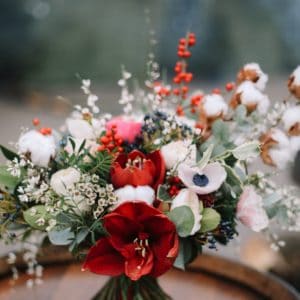 Bouquet of beautiful winter blooms with hypericum berries, white anemones, red amaryllis, white cotton flower and eucalyptus