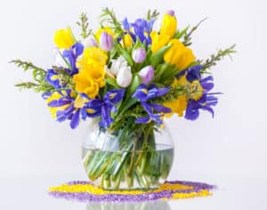 Bouquet of daffodils tulips and fleur-de-lises on white background. Typical spring and Easter flowers.