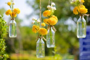 Yellow flowers hanging with bottles