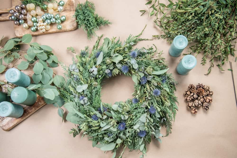 Holiday wreath with thistle and eucalyptus