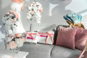 Hotel room decorated for bachelorette party