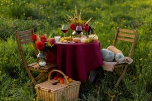 Picnic set up on table in grassy area