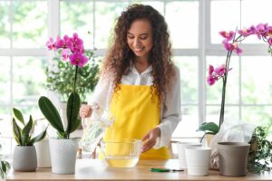 Woman watering orchid plants