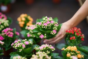 Woman's hand amidst Kalanchoe plants