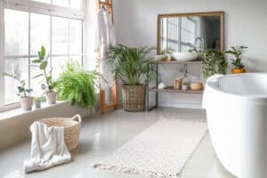 Plants in bathroom with neutral tones