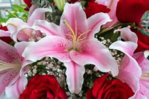 Stargazer lilies and roses with baby's breath
