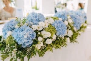 Blue hydrangea runner on wedding table with white blooms