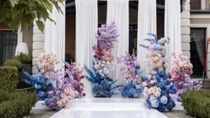Dramatic wedding flowers installations at altar area