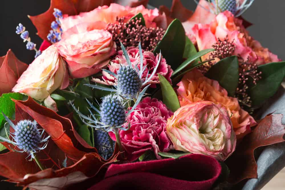 Fall flower bouquet with blue thistle