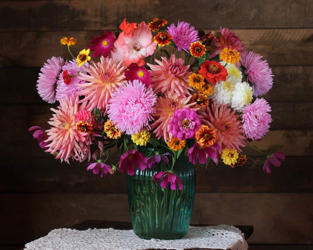 Arrangement of colorful fall flowers in vase